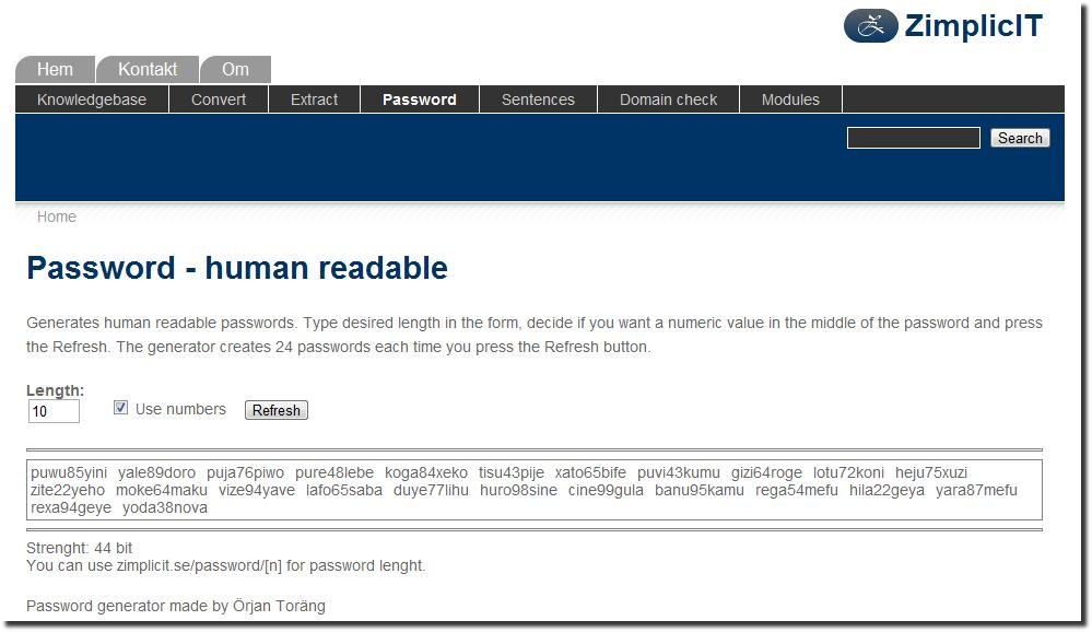 Human readable password generator ZimplicIT screenshot